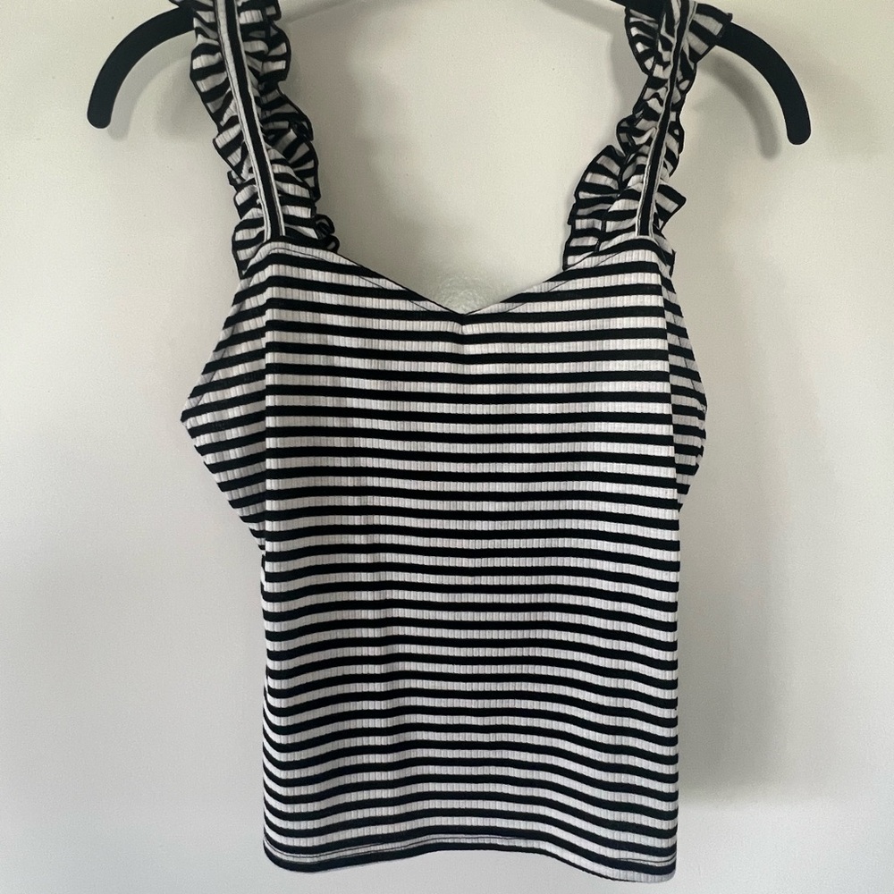 Black and White Striped Ruffle Top